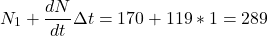 \[N_1+\dfrac{dN}{dt} \Delta t = 170 + 119*1 = 289\]