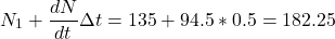 \[N_1+\dfrac{dN}{dt} \Delta t = 135 + 94.5*0.5 = 182.25\]